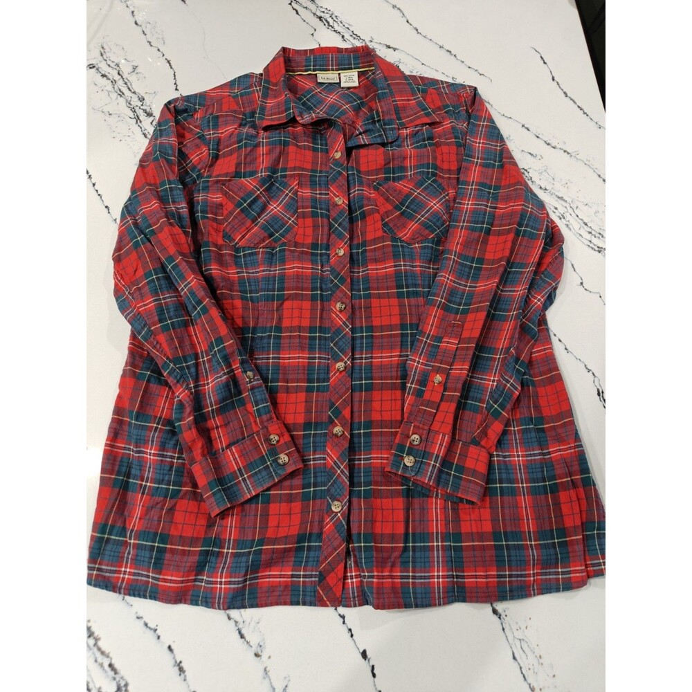 LL Bean Shirt Women Large Red Green Plaid Flannel Band Collar Cabincore Outdoor